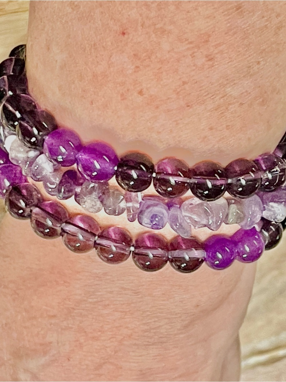 Handcrafted Natural Amethyst Multi-Strand Purple Beaded Stretch Bracelet Set